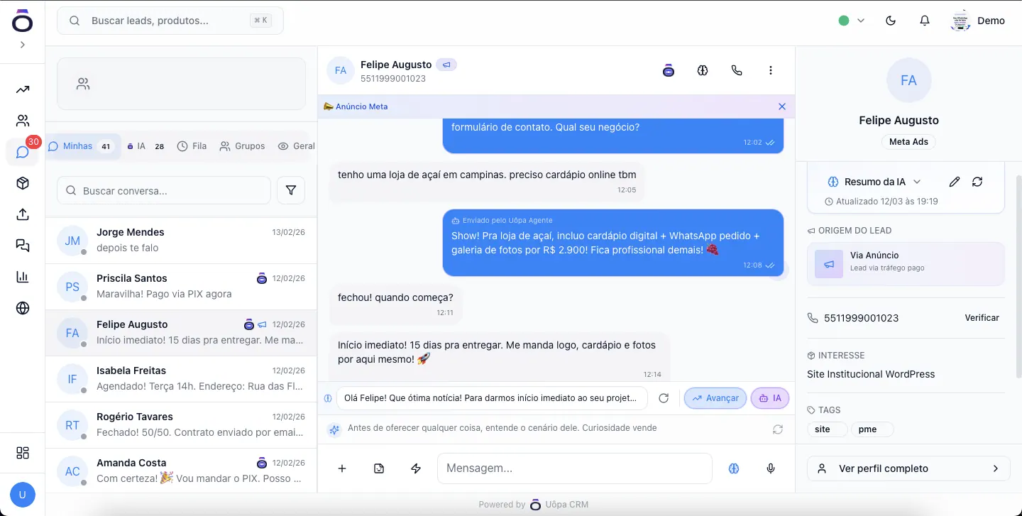 Interface desktop real do Uôpa conectando conversa, origem e contexto do cliente